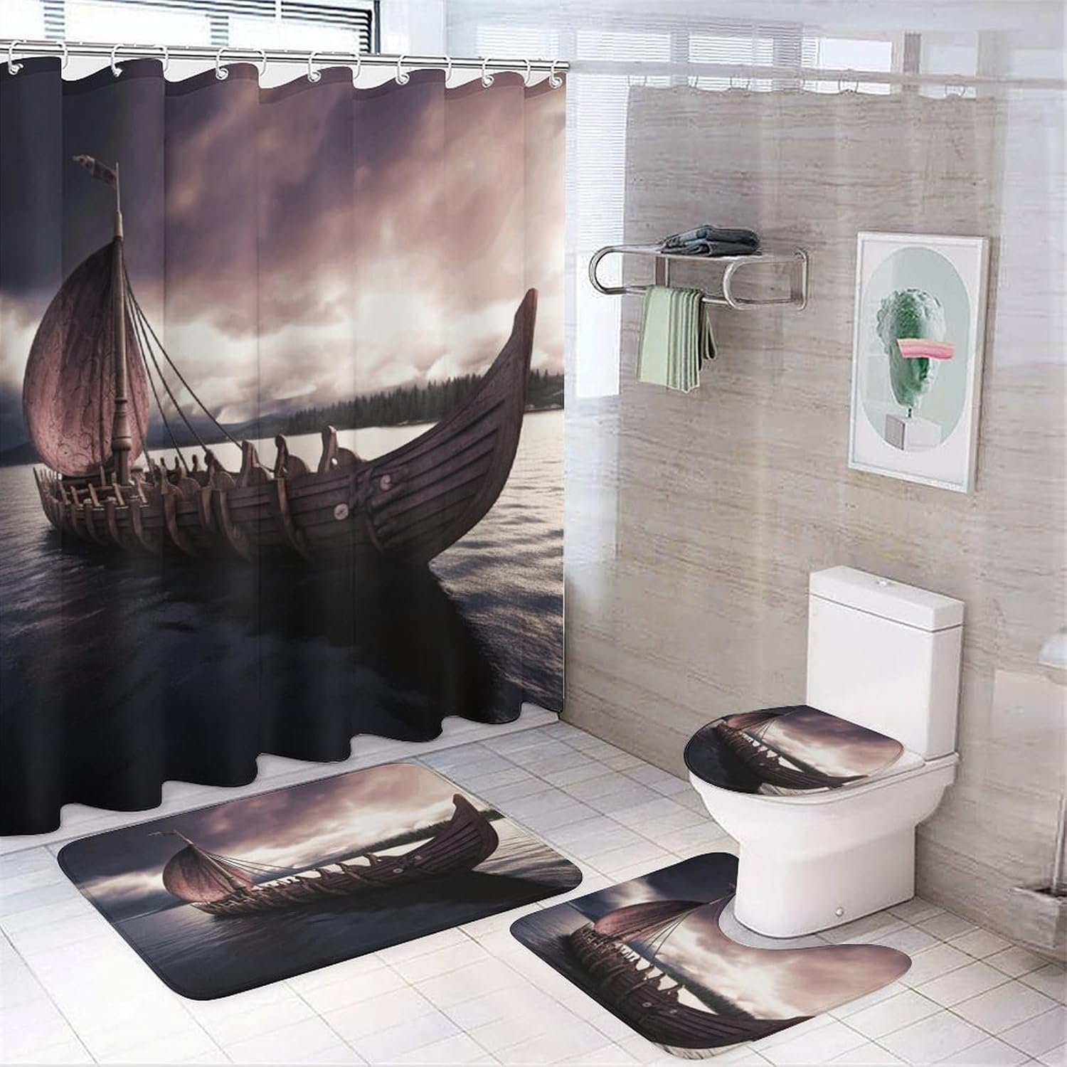 Bathroom Set, Vikings Boat Printed Bathroom Set,Bathroom Set 4-Piece Set,Bathroom Set with Shower Curtain Sets and Carpet
