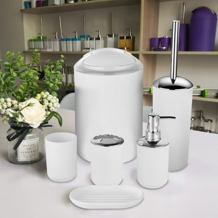 Bathroom Set,White Bathroom Set,6 Pcs Plastic Bathroom Accessory Set Luxury Bath Accessories Bath Set Lotion Bottles,Toothbrush Holder,Tooth Mug, Soap Dish,Toilet Brush(White)
