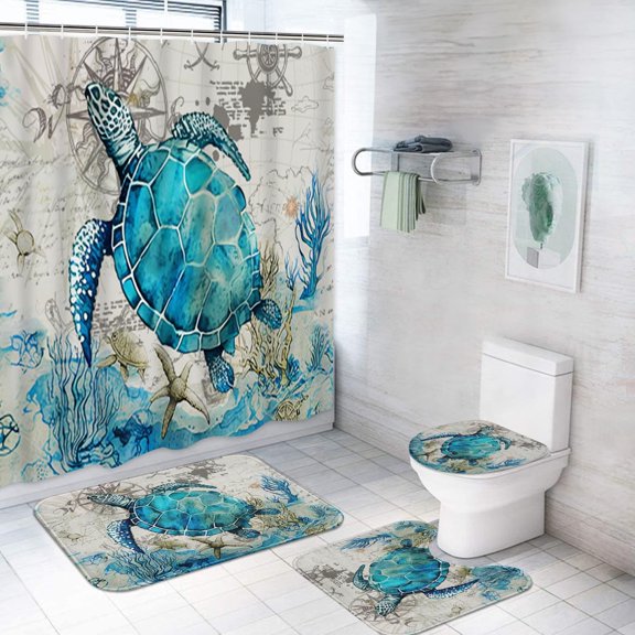 Bathroom Set with Shower Curtain and Rugs, Sea Turtle Pattern, Set of 4