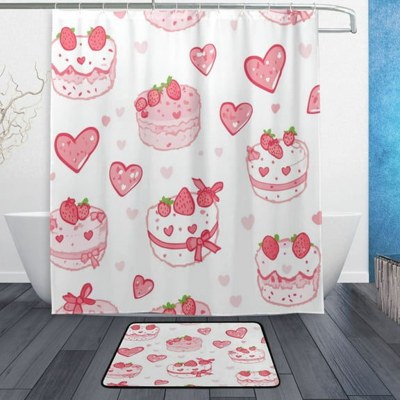 Bathroom Sets Curtain and Rug Sets 23.6x15.7 in Non-Slip Mat and 60x72 in Shower Curtain for Home Bath Dcor Cute Pink Cake Pattern