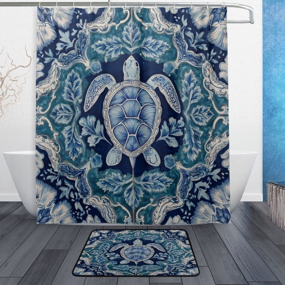 Bathroom Sets Curtain and Rug Sets 23.6x15.7 in Non-Slip Mat and 60x72 in Shower Curtain for Home Bath Dcor Dark Teal Turtle Pattern