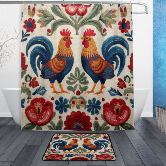 Bathroom Sets Curtain and Rug Sets 23.6x15.7 in Non-Slip Mat and 60x72 in Shower Curtain for Home Bath Dcor Male and Female Chickens