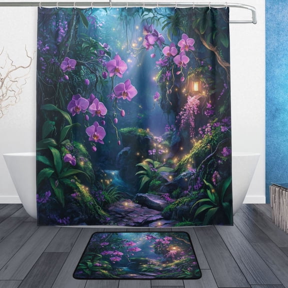 Bathroom Sets Curtain and Rug Sets 23.6x15.7 in Non-Slip Mat and 60x72 in Shower Curtain for Home Bath Dcor Orchid Forest Scene