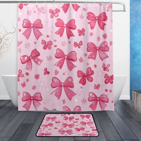 Bathroom Sets Curtain and Rug Sets 23.6x15.7 in Non-Slip Mat and 60x72 in Shower Curtain for Home Bath Dcor Pink Cute Bows