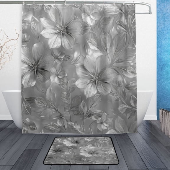 Bathroom Sets Curtain and Rug Sets 23.6x15.7 in Non-Slip Mat and 60x72 in Shower Curtain for Home Bath Dcor Silver Metal Flower Pattern