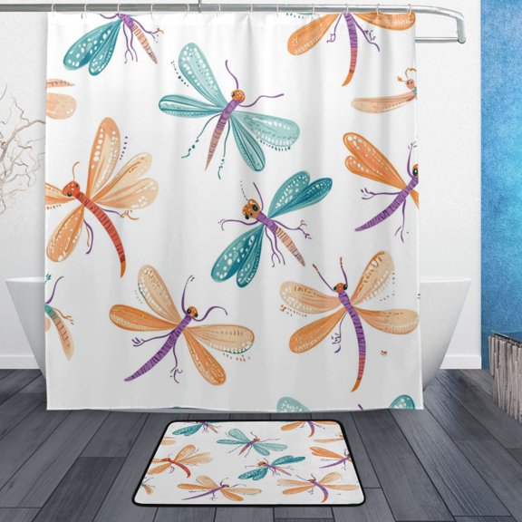 Bathroom Sets Curtain and Rug Sets 23.6x15.7 in Non-Slip Mat and 66x72 in Shower Curtain for Home Bath Dcor Cartoon Dragonflies Pattern