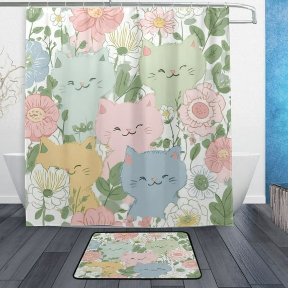 Bathroom Sets Curtain and Rug Sets 23.6x15.7 in Non-Slip Mat and 66x72 in Shower Curtain for Home Bath Dcor Pastel-colored Cats and Flowers