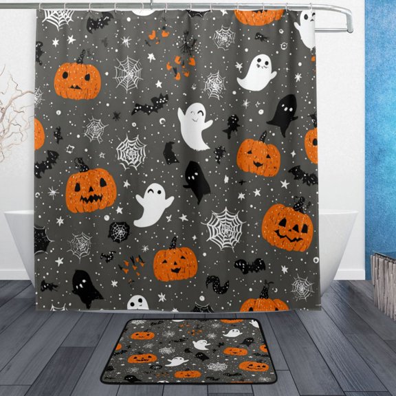Bathroom Sets Curtain and Rug Sets 23.6x15.7 in Non-Slip Mat and 66x72 in Shower Curtain for Home Bath Dcor Pumpkins and Ghosts