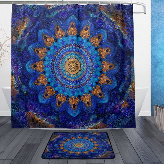 Bathroom Sets Curtain and Rug Sets 23.6x15.7 in Non-Slip Mat and 72x72 in Shower Curtain for Home Bath Dcor Blue Kaleidoscopic Pattern