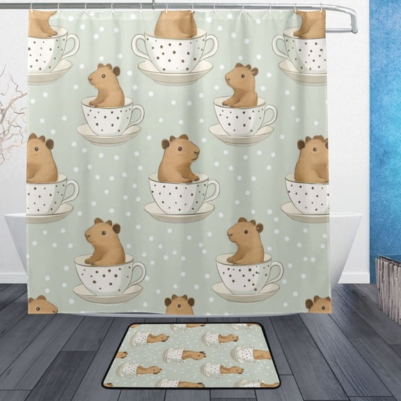 Bathroom Sets Curtain and Rug Sets 23.6x15.7 in Non-Slip Mat and 72x72 in Shower Curtain for Home Bath Dcor Cute Capybara in Coffee Cups