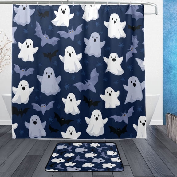 Bathroom Sets Curtain and Rug Sets 23.6x15.7 in Non-Slip Mat and 72x72 in Shower Curtain for Home Bath Dcor Halloween Ghost Pattern