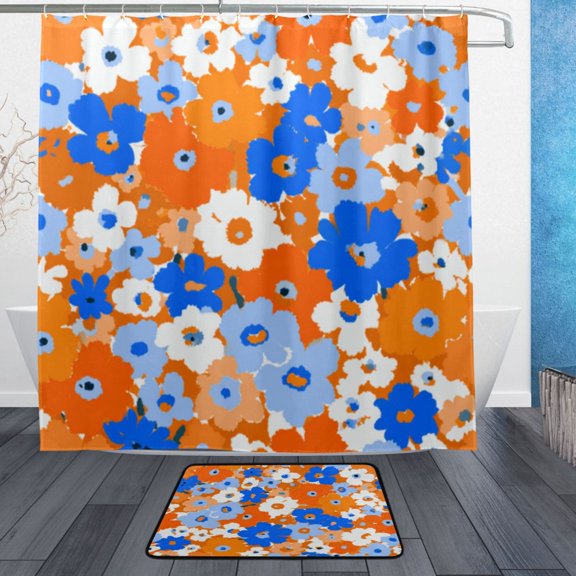Bathroom Sets Curtain and Rug Sets 23.6x15.7 in Non-Slip Mat and 72x72 in Shower Curtain for Home Bath Dcor Orange and Blue Small Flowers