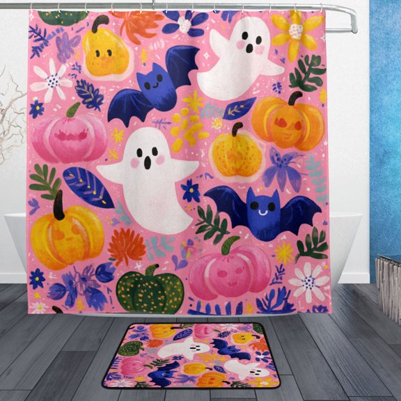 Bathroom Sets Curtain and Rug Sets 23.6x15.7 in Non-Slip Mat and 72x72 in Shower Curtain for Home Bath Dcor Pink Cute Halloween Ghosts Pattern