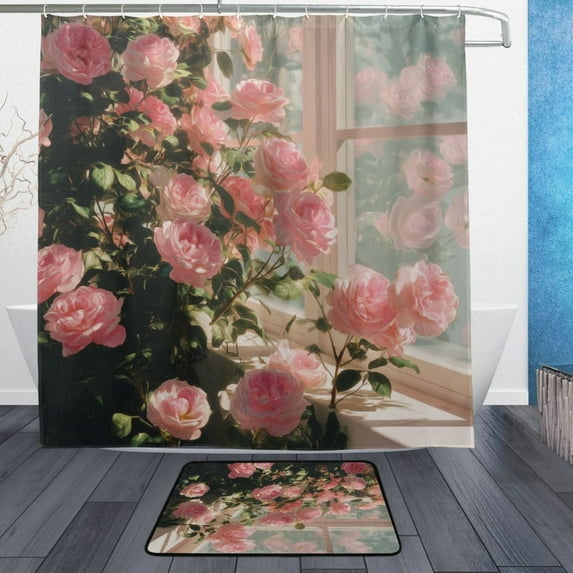 Bathroom Sets Curtain and Rug Sets 23.6x15.7 in Non-Slip Mat and 72x72 in Shower Curtain for Home Bath Dcor Pink Rose Bushes