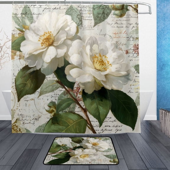 Bathroom Sets Curtain and Rug Sets 23.6x15.7 in Non-Slip Mat and 72x72 in Shower Curtain for Home Bath Dcor Vintage White Camellias