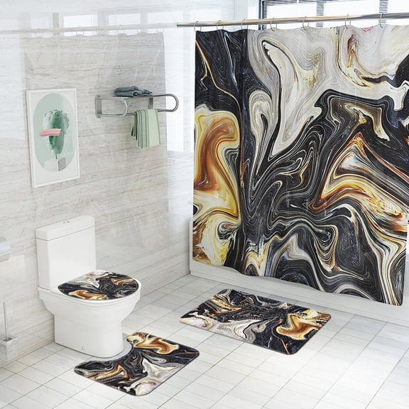 Bathroom Sets Gray Marble Bathroom Waterproof Shower Curtain Liner Shower Curtain Sets with 12 Hooks (Bath Mat , U Shape Toilet Pedestal Rug, Toilet Seat Lid Cover) Home Decor