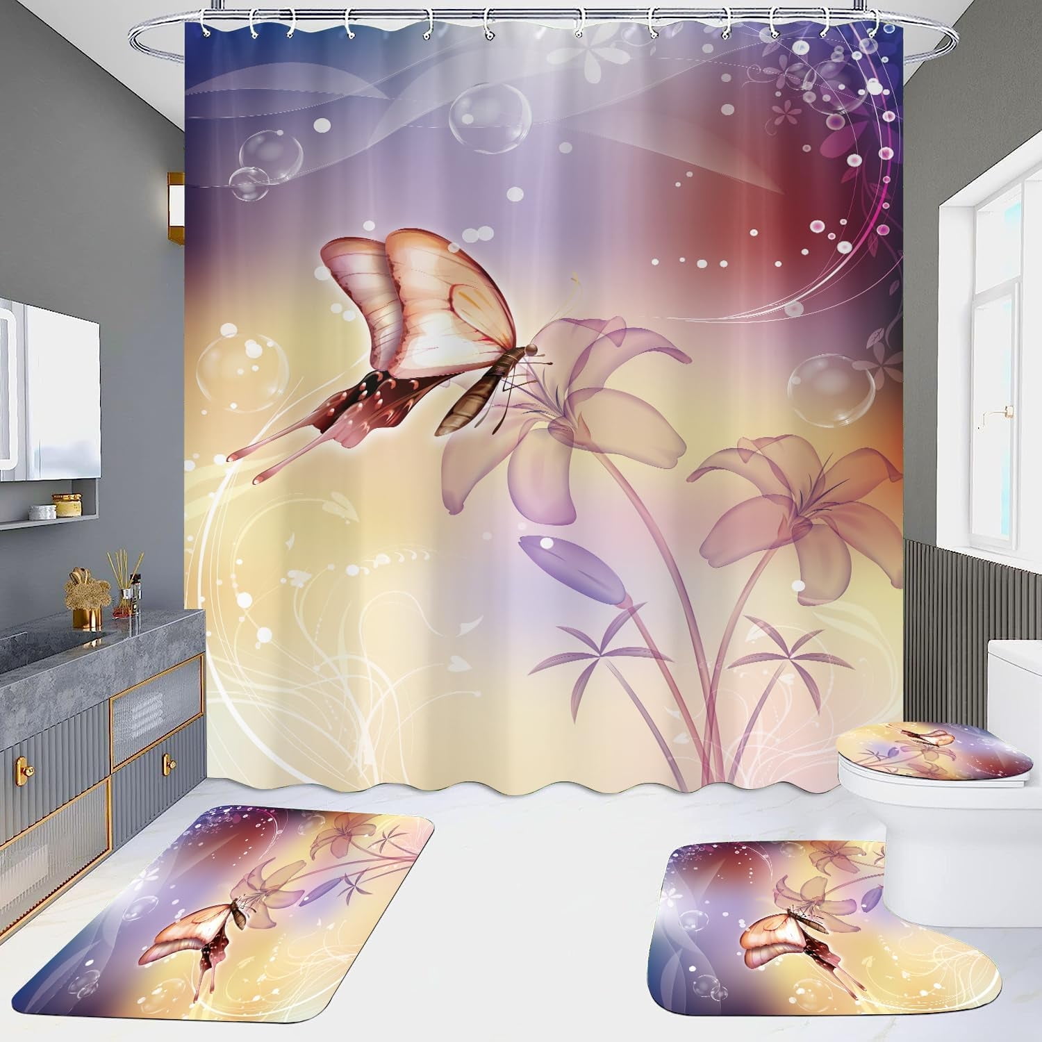 Bathroom Sets with Shower Curtain and Rugs, Bathroom Curtains Shower Set Include Waterproof Shower Curtain Non-Slip Rug Toilet Lid Cover Bath Mat and 12 Hooks