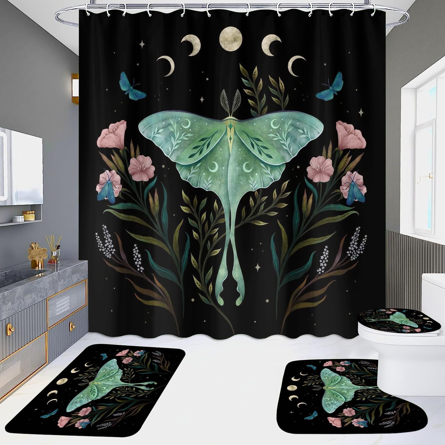 Bathroom Sets with Shower Curtain and Rugs, Bathroom Curtains Shower Set Include Waterproof Shower Curtain Non-Slip Rug Toilet Lid Cover Bath Mat and 12 Hooks, Blue Marble Shower Curtains