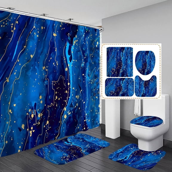 Bathroom Sets with Shower Curtain and Rugs, Bathroom Curtains Shower Set Include Waterproof Shower Curtain Non-Slip Rug Toilet Lid Cover Bath Mat and 12 Hooks, Blue Marble Shower Curtains
