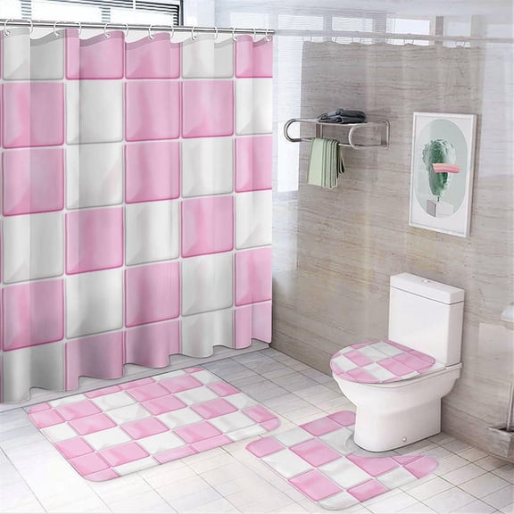 Bathroom Sets with Shower Curtain and Rugs, Light Blue and White Checkered Pattern Printed on Bathroom Curtain Sets with Rugs, Great for Master Bath Beach House Modern Home, 72 x 72 inches