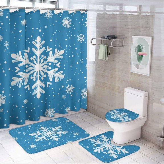 Bathroom Sets with Shower Curtain and Rugs, Snowflake Winter Pattern Printed on Bathroom Shower Curtain Sets with Rugs, Perfect for Bathroom Hotel Dorm Spa Home, 72 x 72 inches