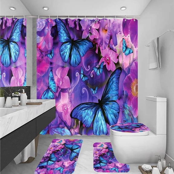 Bathroom Sets with Shower Curtain and Rugs, Toilet Lid Cover, Bath Mat, 4PCS Purple Rose Butterfly Shower Curtains for Bathroom, Romantic Flower Shower Curtains Set for Bathroom Decor