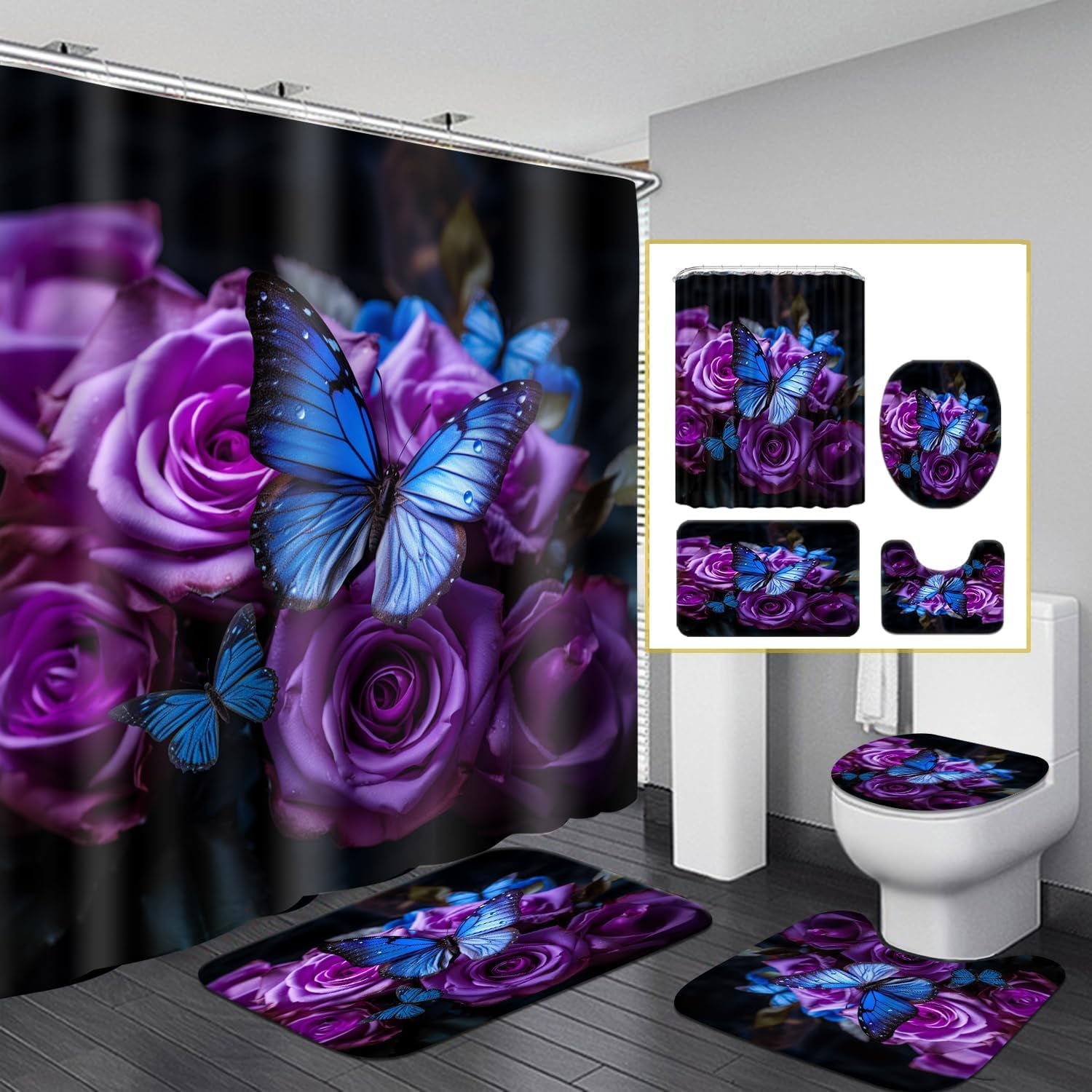 Bathroom Sets with Shower Curtain and Rugs, Toilet Lid Cover, Bath Mat, 4PCS Purple Rose Butterfly Shower Curtains for Bathroom, Romantic Flower Shower Curtains Set for Bathroom Decor