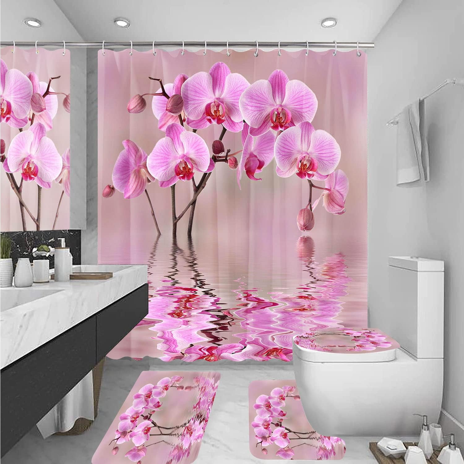 Bathroom Sets with Shower Curtain and Rugs, Toilet Lid Cover, Bath Mat, 4PCS Purple Rose Butterfly Shower Curtains for Bathroom, Romantic Flower Shower Curtains Set for Bathroom Decor