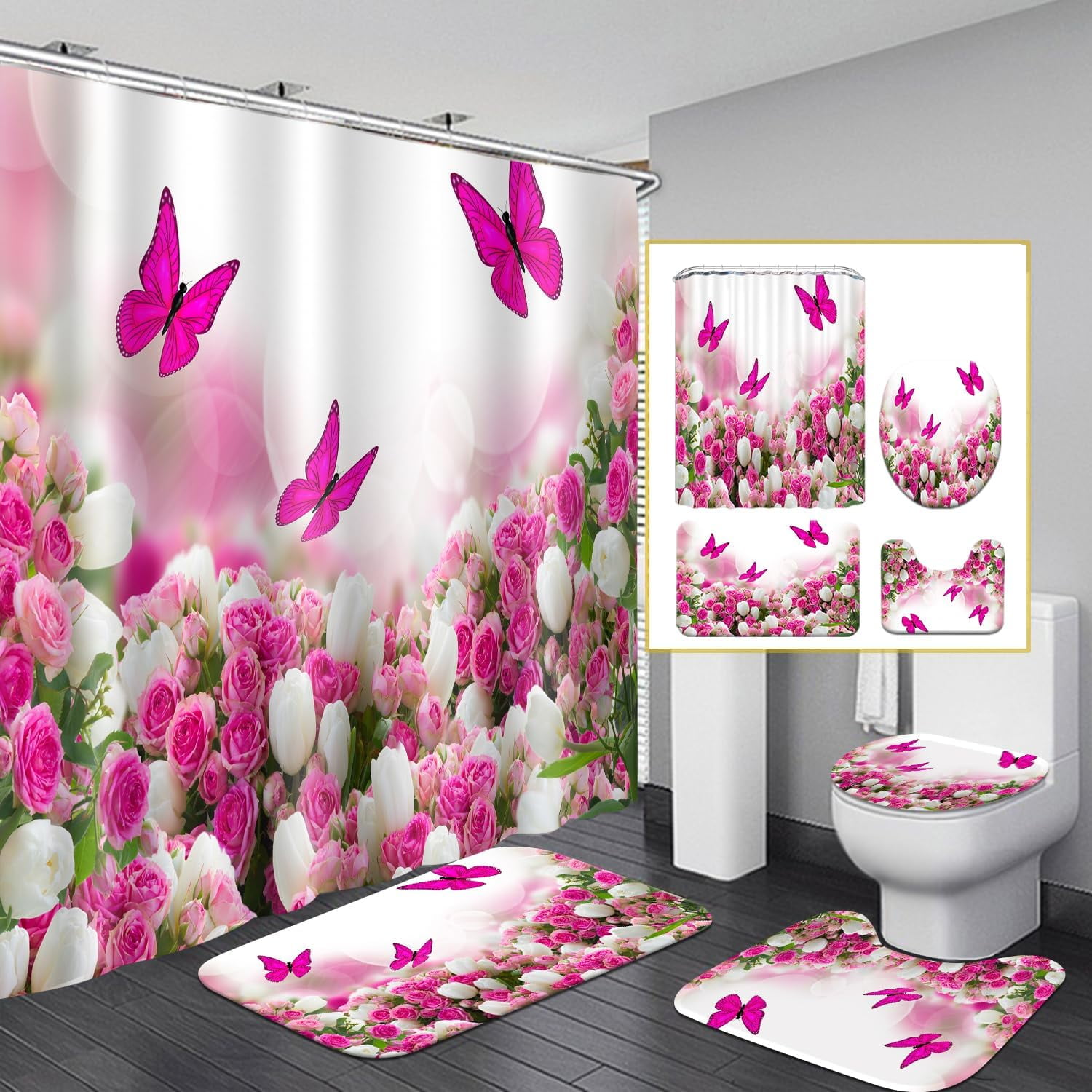 Bathroom Sets with Shower Curtain and Rugs, Toilet Lid Cover, Bath Mat, 4PCS Purple Rose Butterfly Shower Curtains for Bathroom, Romantic Flower Shower Curtains Set for Bathroom Decor