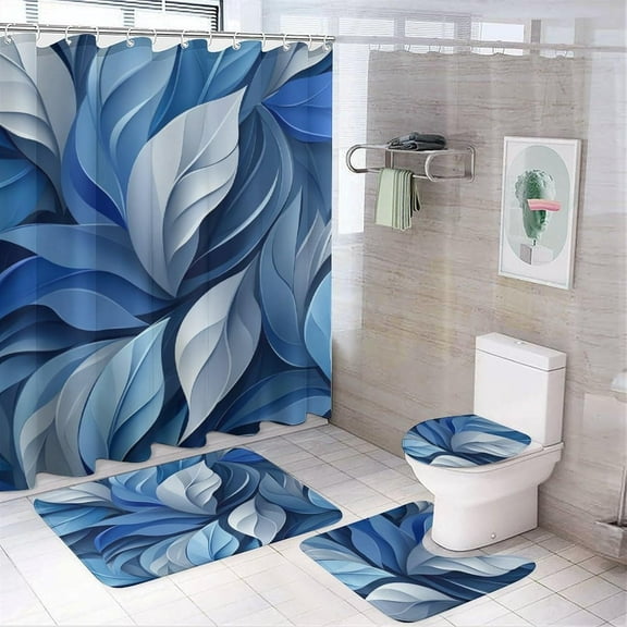 Bathroom Sets with Shower Curtain Sets and Rugs, Abstract Leaf Pattern Printed on Bathroom Shower Curtain Sets with Rugs, Suitable for Small Gym Guest Bath, 72 x 72 inches