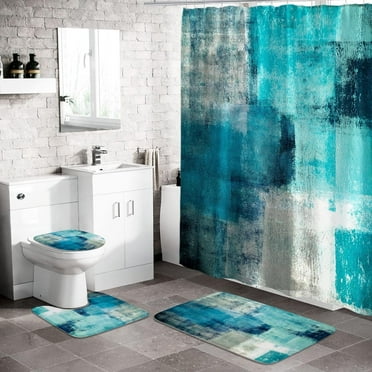 Bathroom Sets Teal Shower Curtains with 12 Hooks Large Bath Mat, Toilet Lid Cover and U-Shape Rugs for Home Hotel Decor