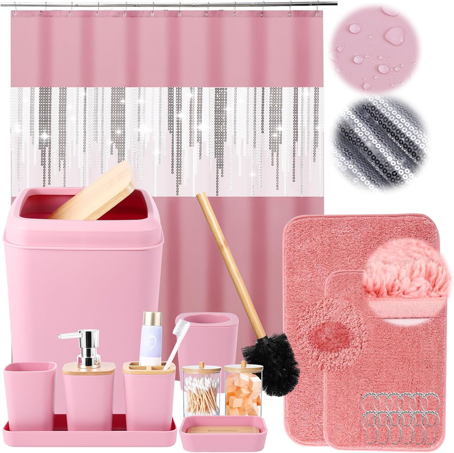 Bathroom Sets with Shower Curtain and Rugs,24PCS Pink Bathroom Set ...