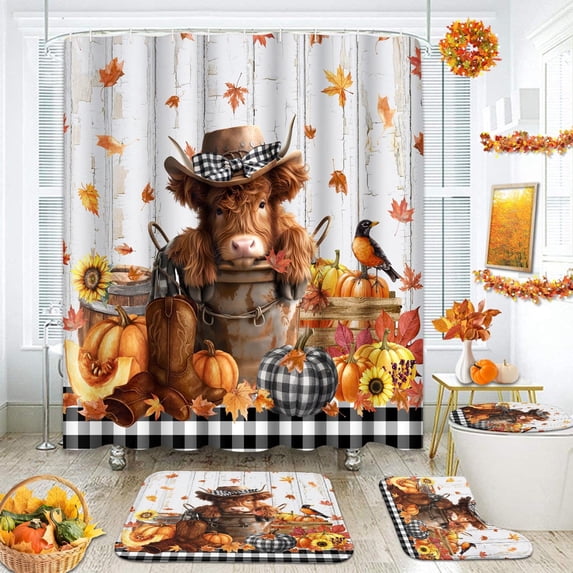 Cow Db Bathroom Sets with Shower Curtain and Rugs, 4 Pcs, Highland Cow ...
