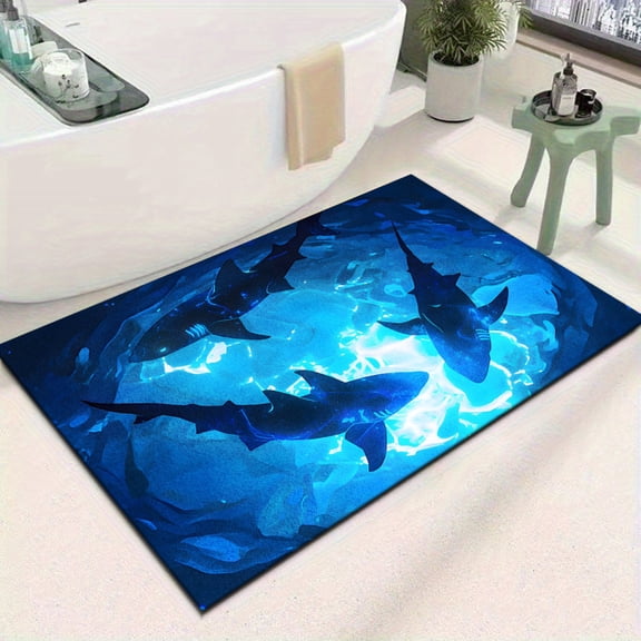 For Bathroom Shark Theme- Shark Pattern with Non-Slip Backing, Soft Blue Shark Beige Textured Mat, Suitable for Use in Rooms, Bathrooms, Kitchens, Indoors/Outdoors- Machine Washable Thick
