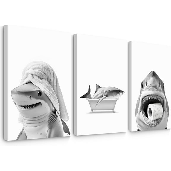 Bathroom Shark Wall Art Funny Animal Wall Decor Pictures Ocean Animal Canvas Wall Art Black White Shark Poster Bathtub Toilet Prints Funny Painting for Bathroom 16x24 Inch Unframed Set of 3