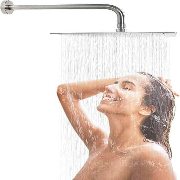 Bathroom Shelf 12 Inch Brushed Nickel Rain Shower Head, Square Ultra Thin 304 Stainless Steel High Pressure Shower Head Waterfall Full Body Coverage Waterfall Shower Head,Towel Bar