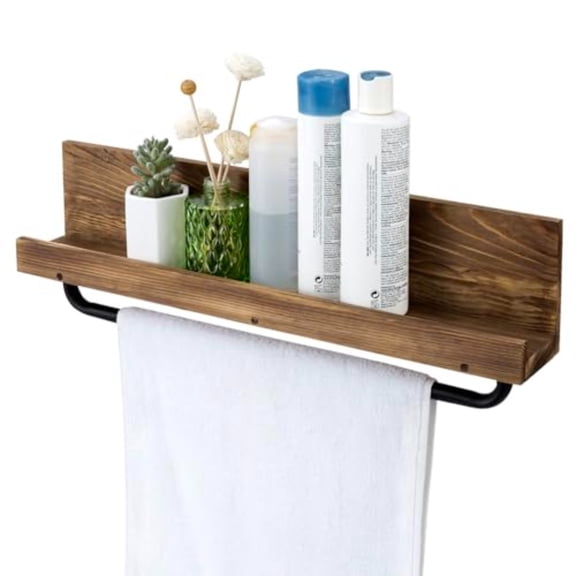 Bathroom Shelf with Towel Bar 22 Inch Bath Towel Holder Rack Hanger Wall Mounted Bathroom Display Storage Shelf Rustic Burnt Wood with Industrial Metal Pipe