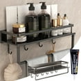 thumbnail image 1 of Bathroom Shelf Wall Mounted No Drill Aluminum Alloy Storage Rack | Multifunctional No Punch Organizer | Gray | 4 Hooks & Bar | Strong Adhesive Install | 40x12x11cm, 1 of 9