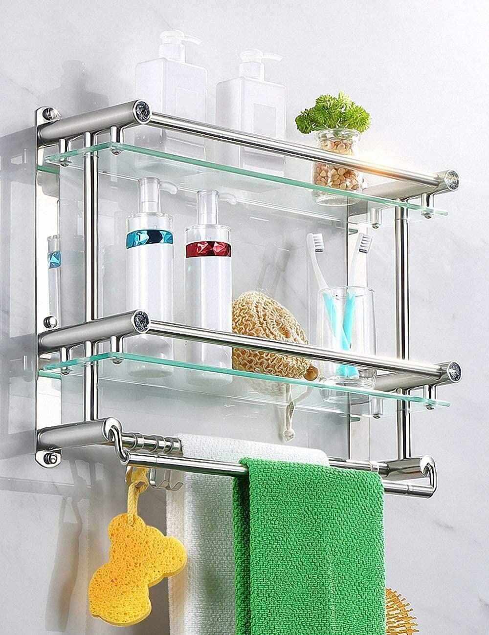 Bathroom Shelf Wall Mounted with Towel Bar Tempered Glass Organizer 3 ...