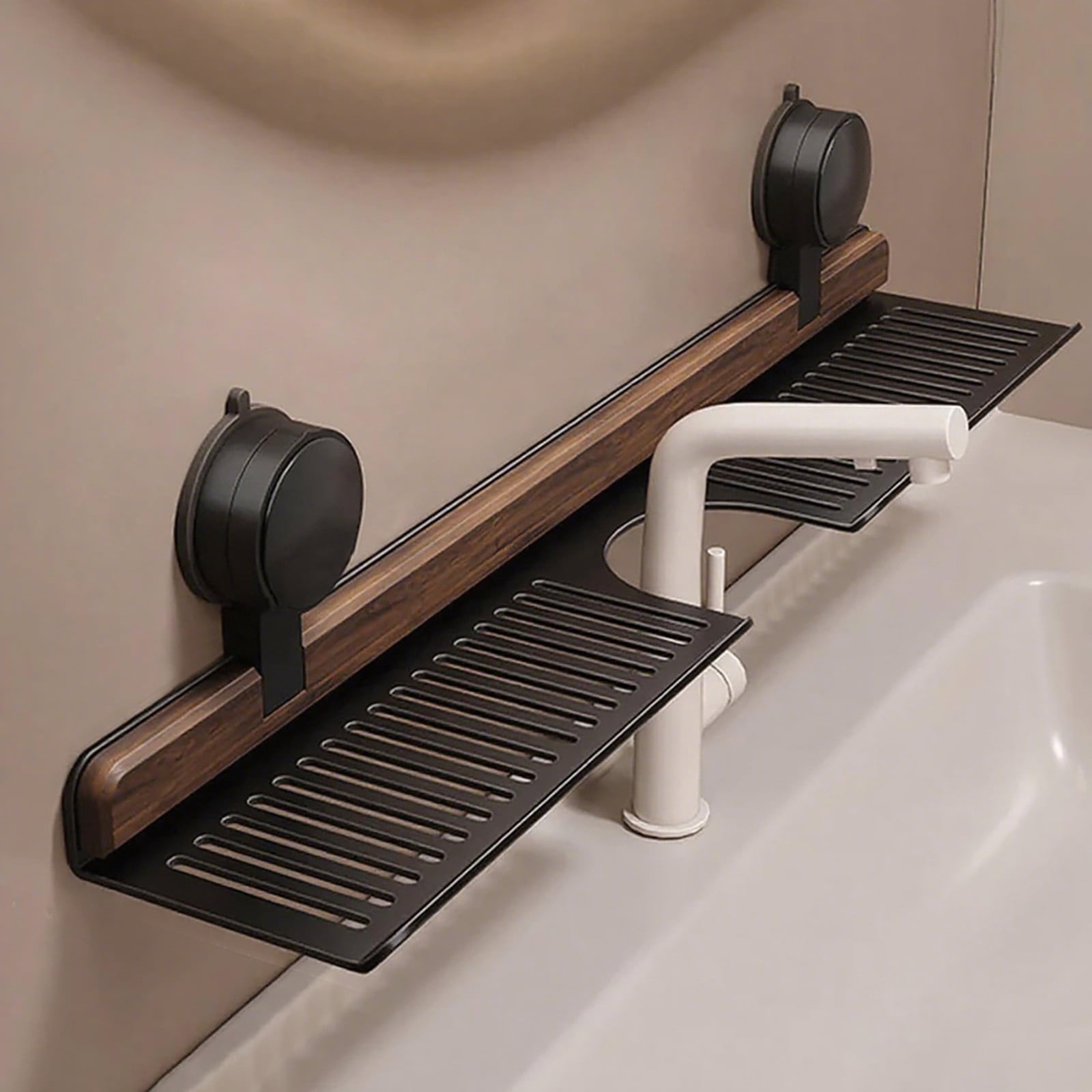 Bathroom Shelf, Walnut Suction Cup Rack over Faucet, Wall Mounted ...