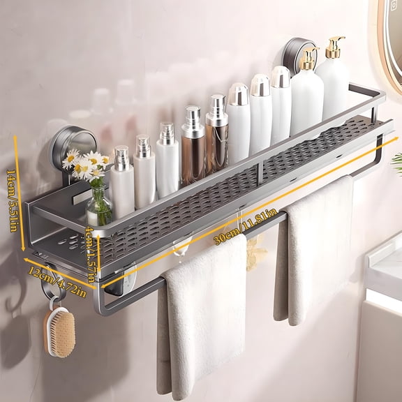 Bathroom Shelf With Towel Bar, Rustproof Shower Caddy, Wall Mounted Shelves Rack, Gray
