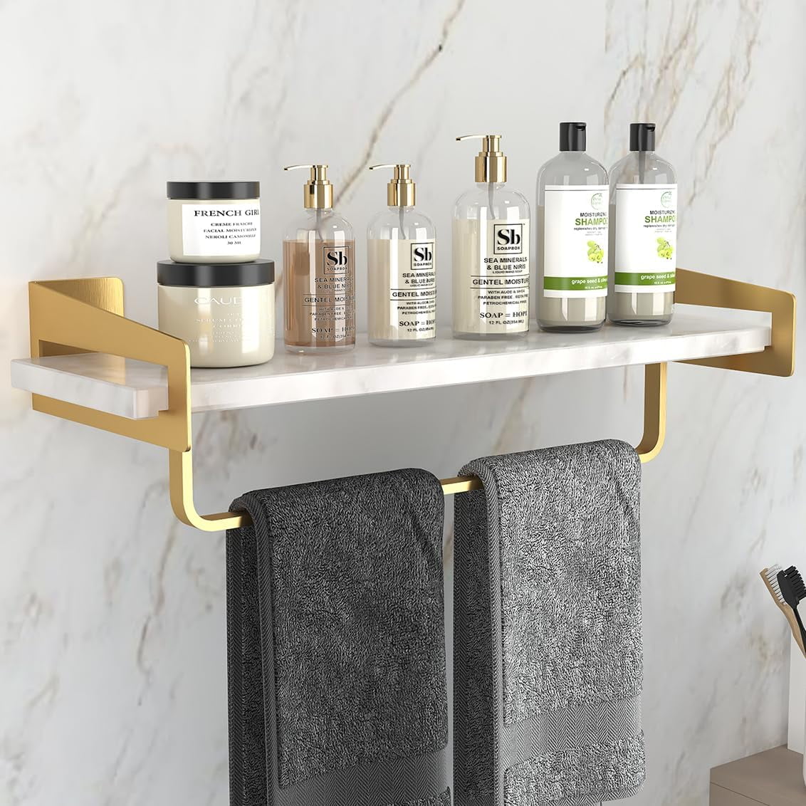 Bathroom Shelf with Towel Bar in Marble, 16" Floating Wall Mount Metal ...