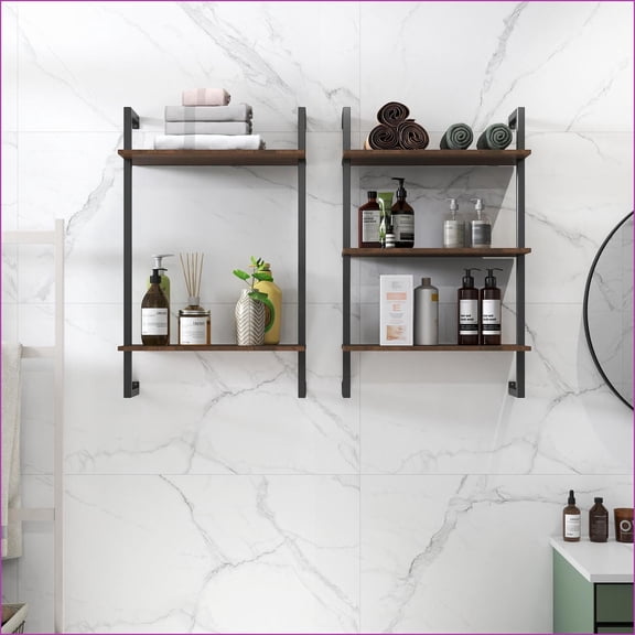 Bathroom Shelves, 2-Tier/3-Tier Wall Mounted Farmhouse Style | Walnut Brown | Iron,Particle Board+MDF