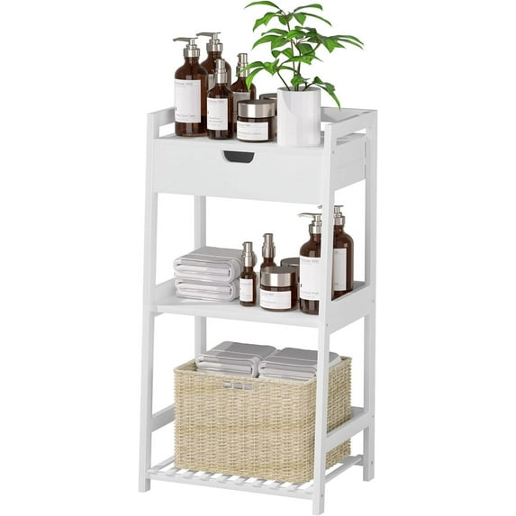 Bathroom Shelves, 3 Tier Ladder Shelf with Drawers, Bamboo Bookshelf Open Shelving, Nightstand Bookcase End Table Plant Stand for Living Room, Bedroom, Bathroom, Kitchen Fashion White