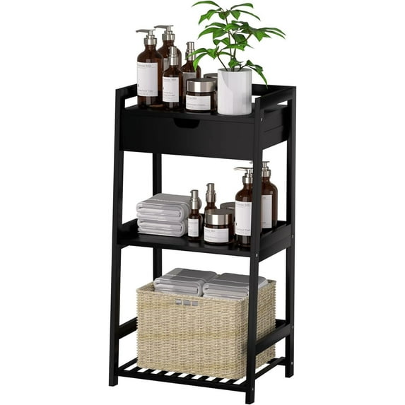 Bathroom Shelves, 3 Tier Ladder Shelf with Drawers, Bamboo Bookshelf Open Shelving, Nightstand Bookcase End Table Plant Stand for Living Room, Bedroom, Bathroom, Kitchen