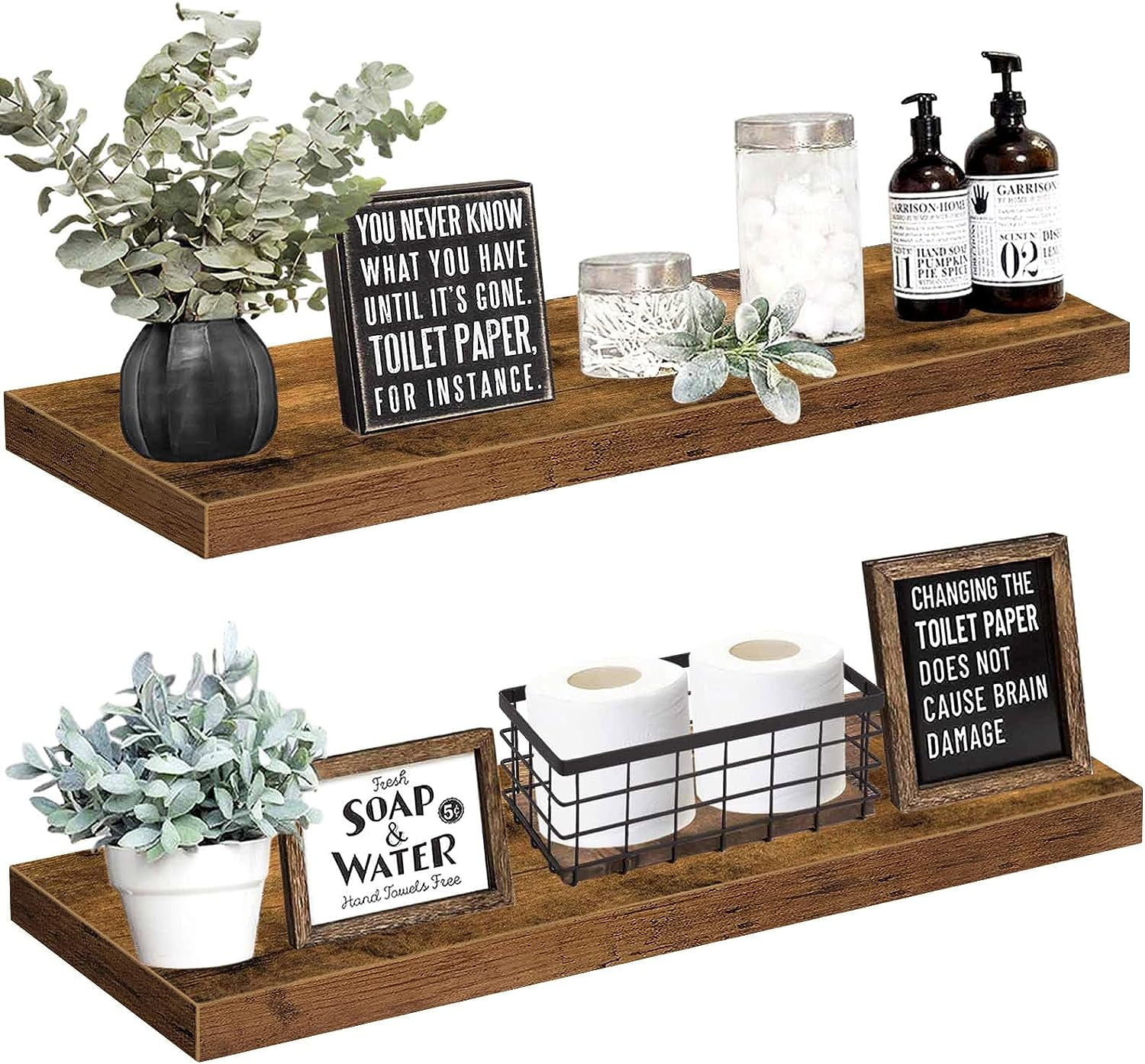 Rustic Brown 36-Inch MDF Floating Wall Shelves, Set of 2