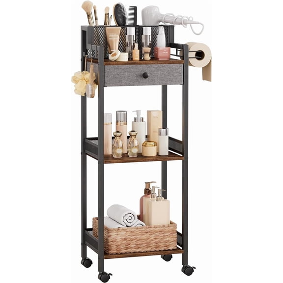 Bathroom Shelves with Drawer, 3 Tier Metal Rolling Standing Unit Storage Organizers with Toilet Paper Holder, Multifunctional Floor Corner Rack for Cosmetic, Dryer Curling Irons 12.8in Wide