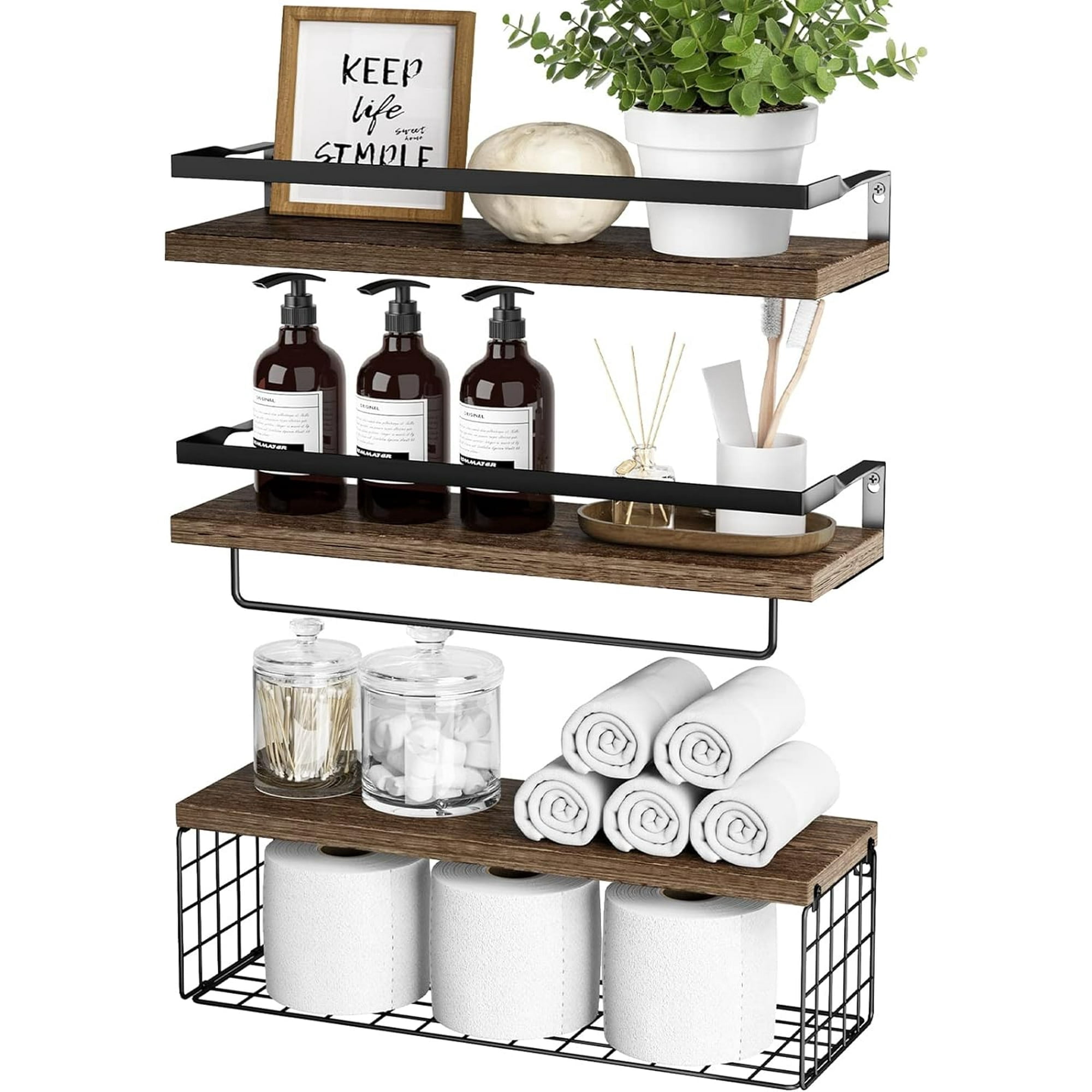 Bathroom Shelves, Floating Shelves with Storage Basket for Bathroom, Living Room, Kitchen, Set of 3