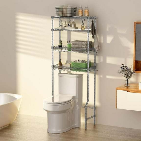 Bathroom Shelves Organizer, 4 Tier Over The Toilet Storage with Adjustable Basket and 6 Hooks,