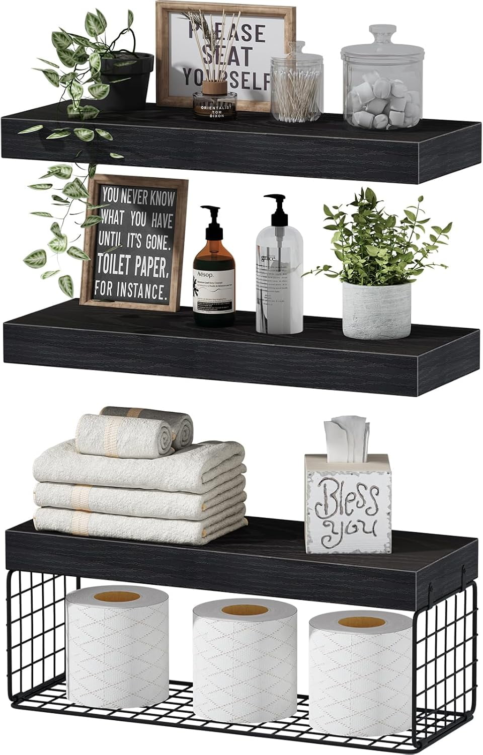 Bathroom Shelves Over Toilet Wall Mounted Floating Shelves Farmhouse Shelf Toilet Paper Storage Small 16 inch Set of 3,Black